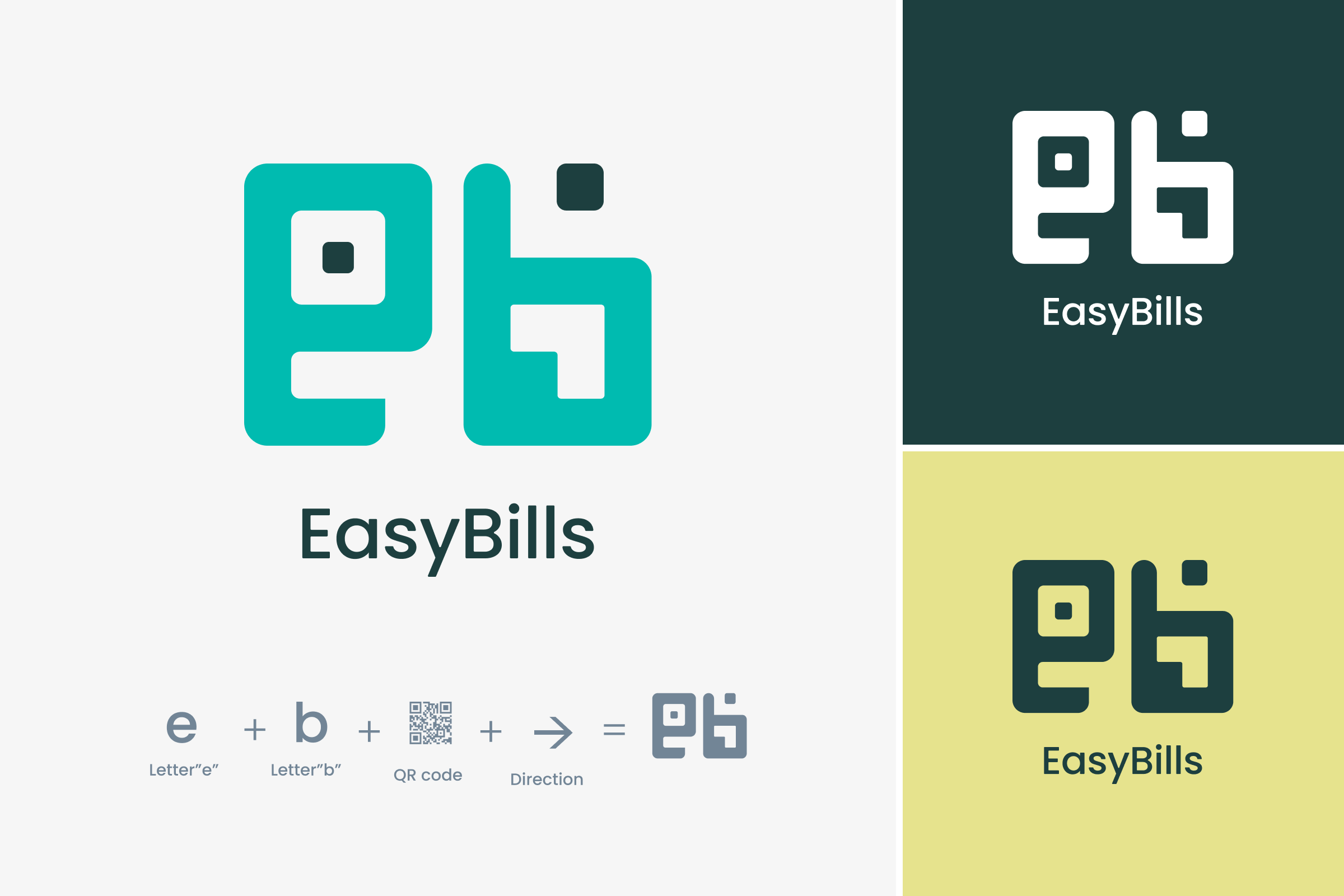 EasyBills logo concept — letter e and b merging with a QR code symbol and directional arrow, shown on light, dark, and yellow backgrounds